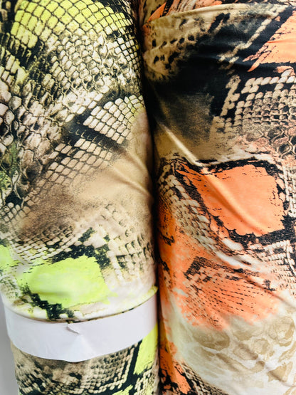 Exotic Cobra snake design print on great quality of poly spandex light weight 4-way stretch 58/60” Sold by the YD. Ships worldwide from L.A