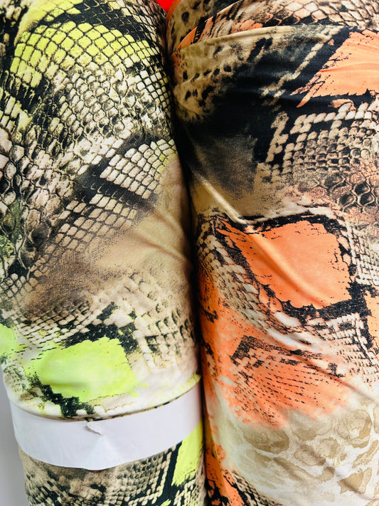 Exotic Cobra snake design print on great quality of poly spandex light weight 4-way stretch 58/60” Sold by the YD. Ships worldwide from L.A