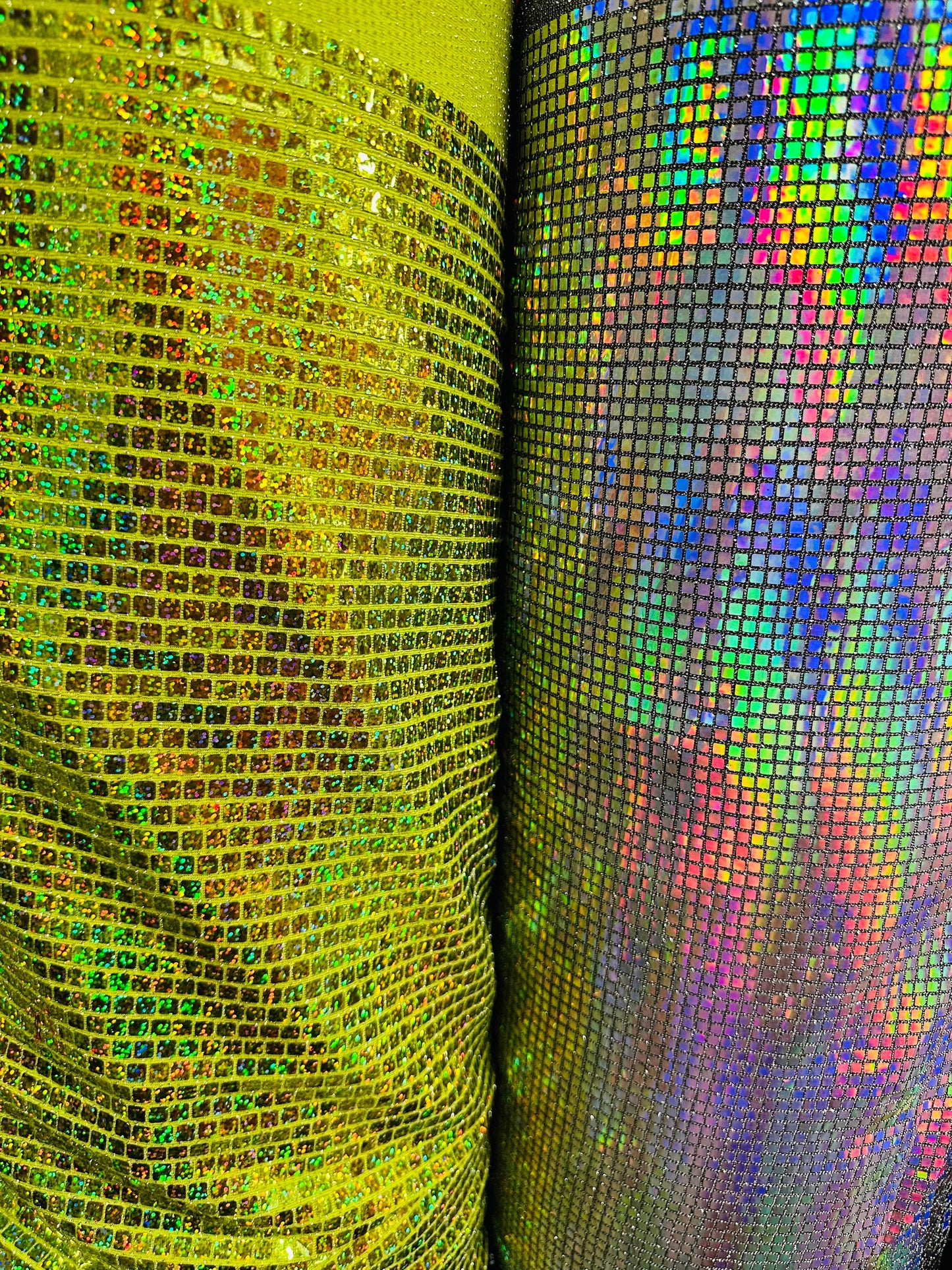 New Geometric sequins design spectrum black/silver and hologram yellow/green metallic fabric 2 way stretch 58/60” Sold by the YD.