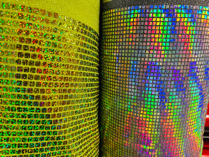 New Geometric sequins design spectrum black/silver and hologram yellow/green metallic fabric 2 way stretch 58/60” Sold by the YD.