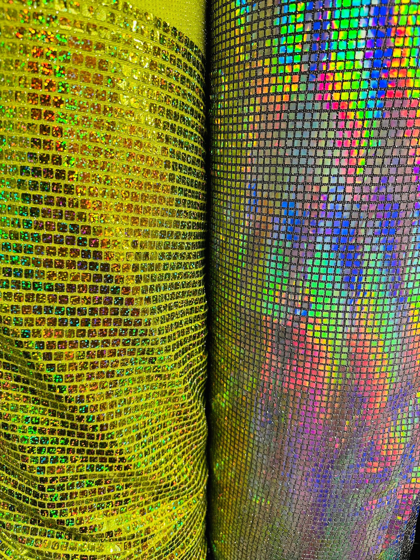 New Geometric sequins design spectrum black/silver and hologram yellow/green metallic fabric 2 way stretch 58/60” Sold by the YD.