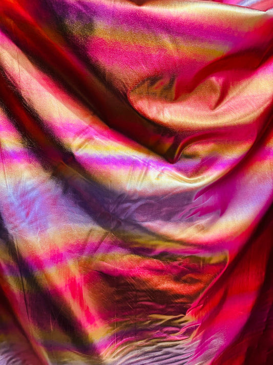 Pink Rainbow design metallic lame best quality of nylon spandex with all over foil 4-way stretch 58/60” Sold by the YD. Ships worldwide