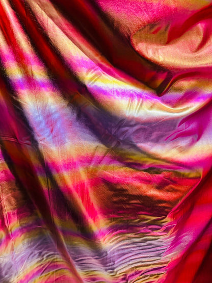 Pink Rainbow design metallic lame best quality of nylon spandex with all over foil 4-way stretch 58/60” Sold by the YD. Ships worldwide