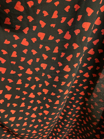 New Romantic Heart design Black/Red print on Polyester crepe spandex one way stretch light fabric 58/60” Sold by the YD.