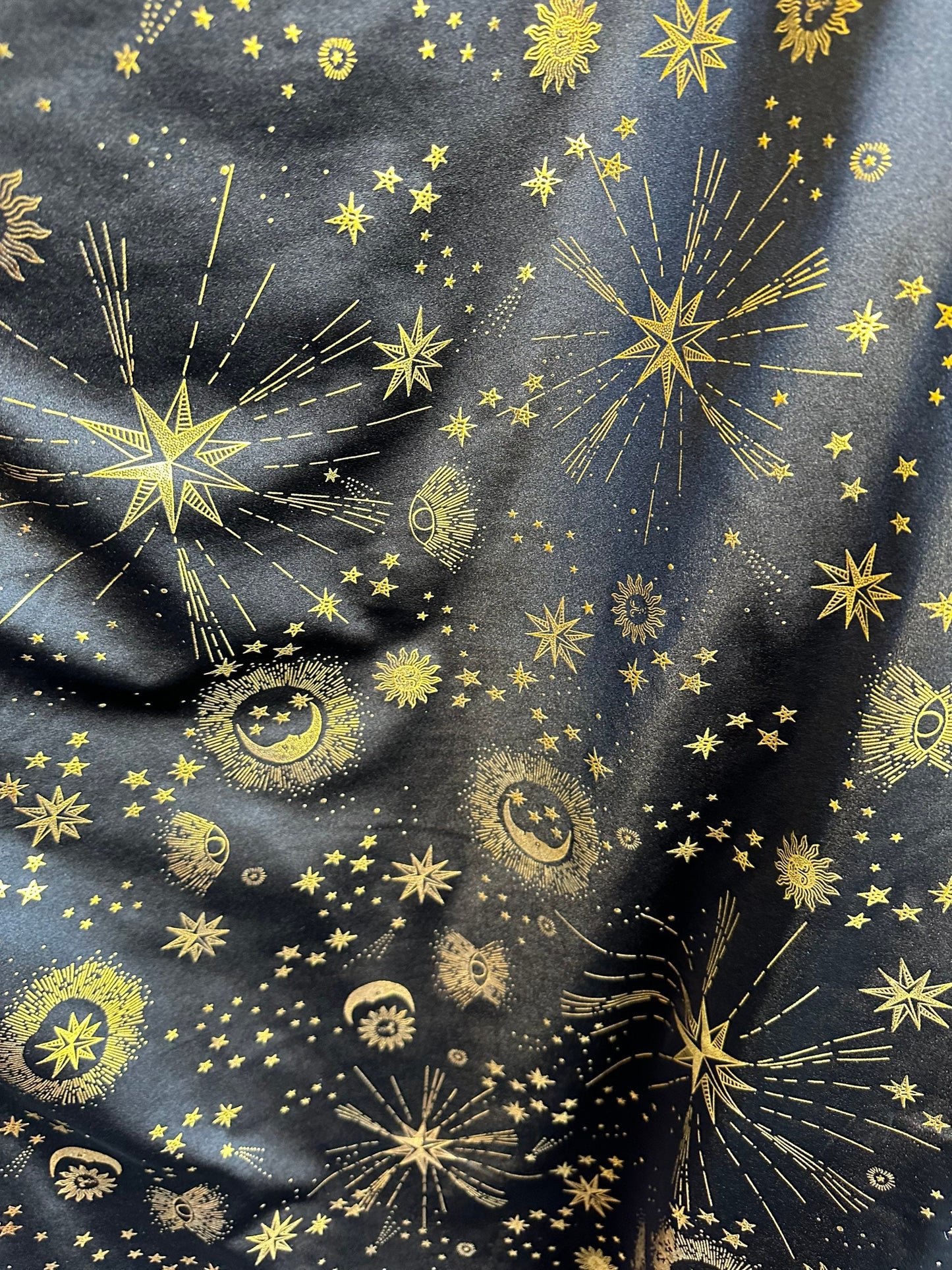 Celestial metallic nylon spandex stars and moon design on best quality of nylon spandex 4-way stretch 58/60” Sold by the YD.