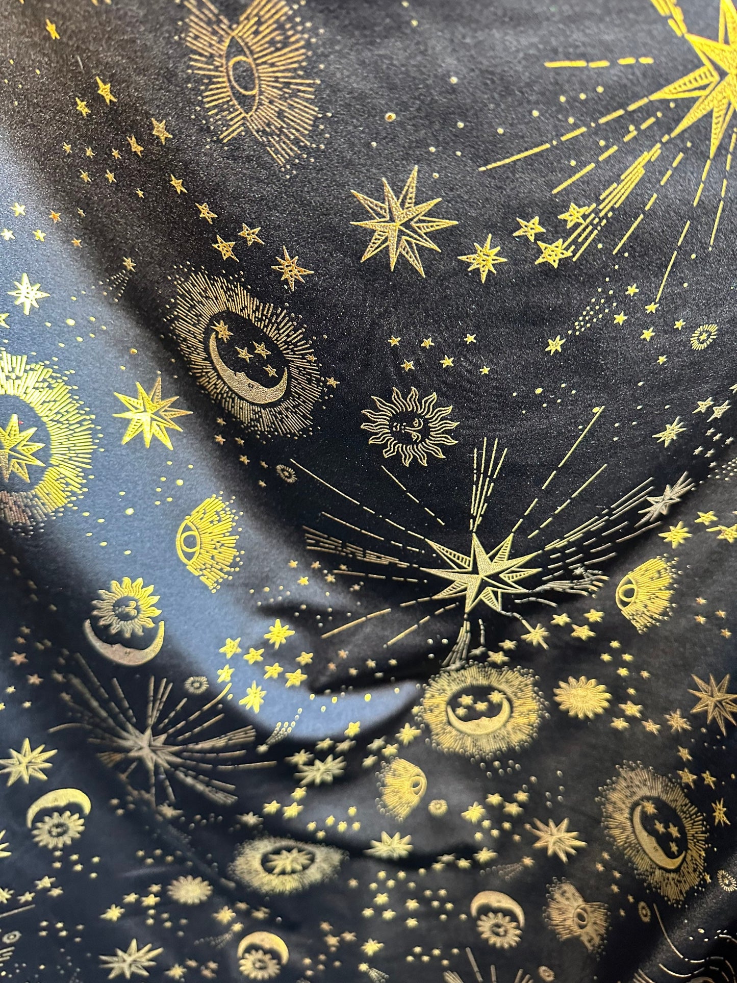 Celestial metallic nylon spandex stars and moon design on best quality of nylon spandex 4-way stretch 58/60” Sold by the YD.