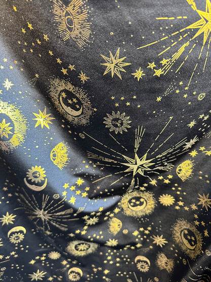 Celestial metallic nylon spandex stars and moon design on best quality of nylon spandex 4-way stretch 58/60” Sold by the YD.