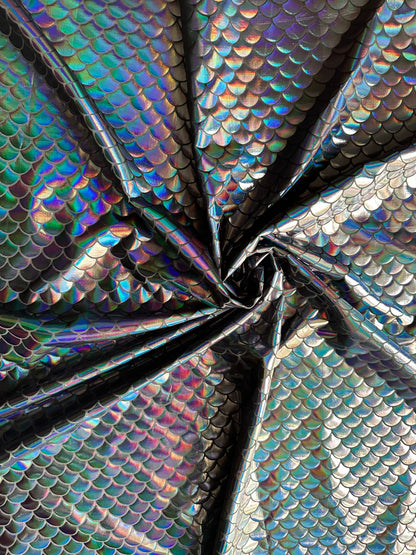 Mermaid Fish scale design Iridescent black metallic nylon spandex 4-way stretch 58/60” Sold by the YD. Ships worldwide from L.A