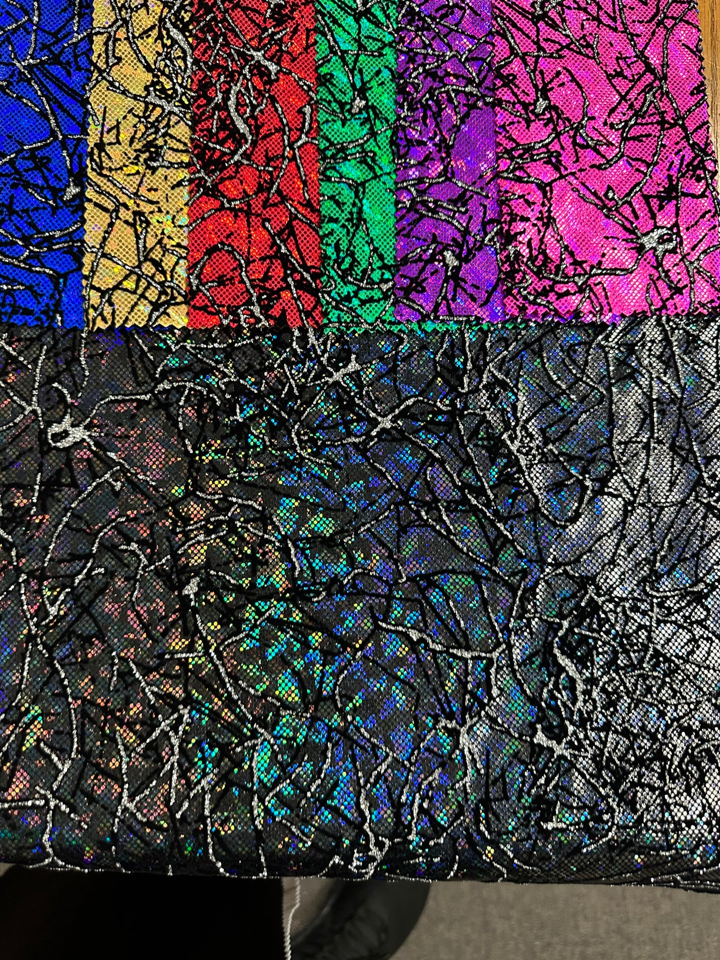 New Spider Abstract design metallic shattered glass with flocking Modern hologram nylon spandex 4-way stretch 58/60” Sold by the YD.