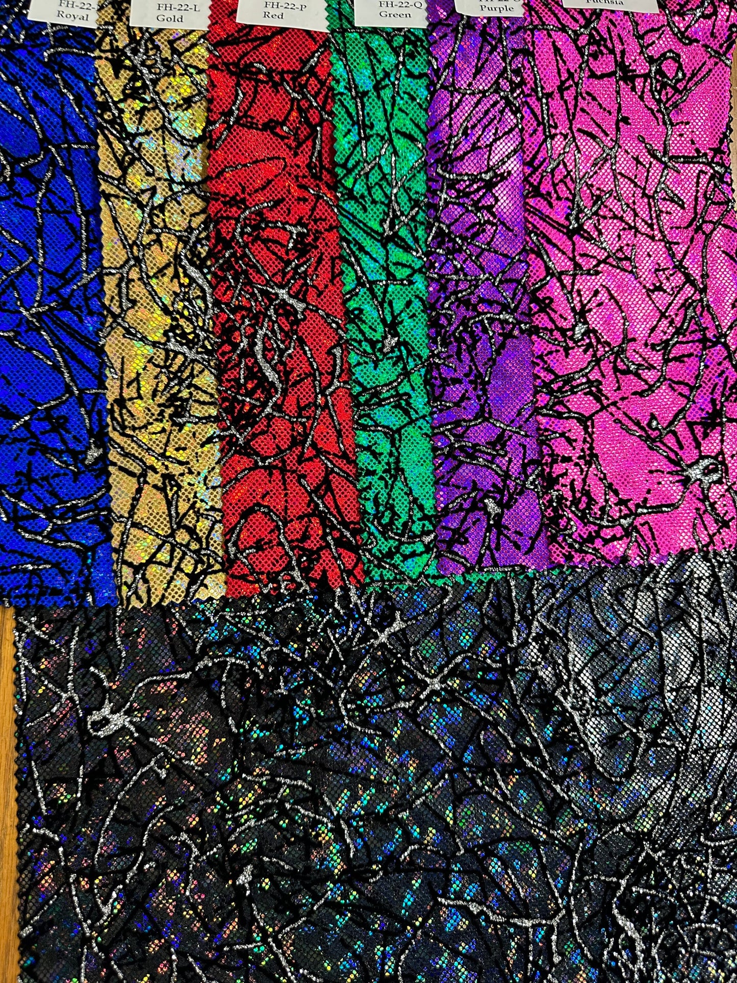 New Spider Abstract design metallic shattered glass with flocking Modern hologram nylon spandex 4-way stretch 58/60” Sold by the YD.