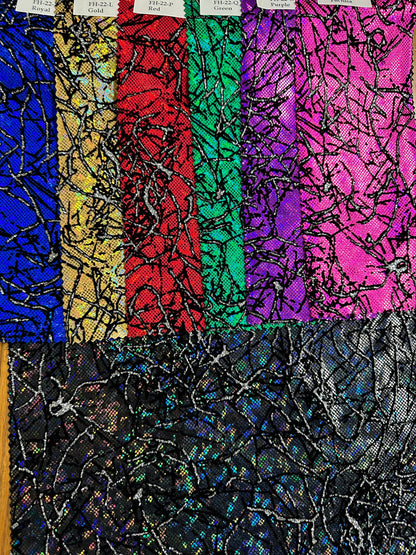 New Spider Abstract design metallic shattered glass with flocking Modern hologram nylon spandex 4-way stretch 58/60” Sold by the YD.
