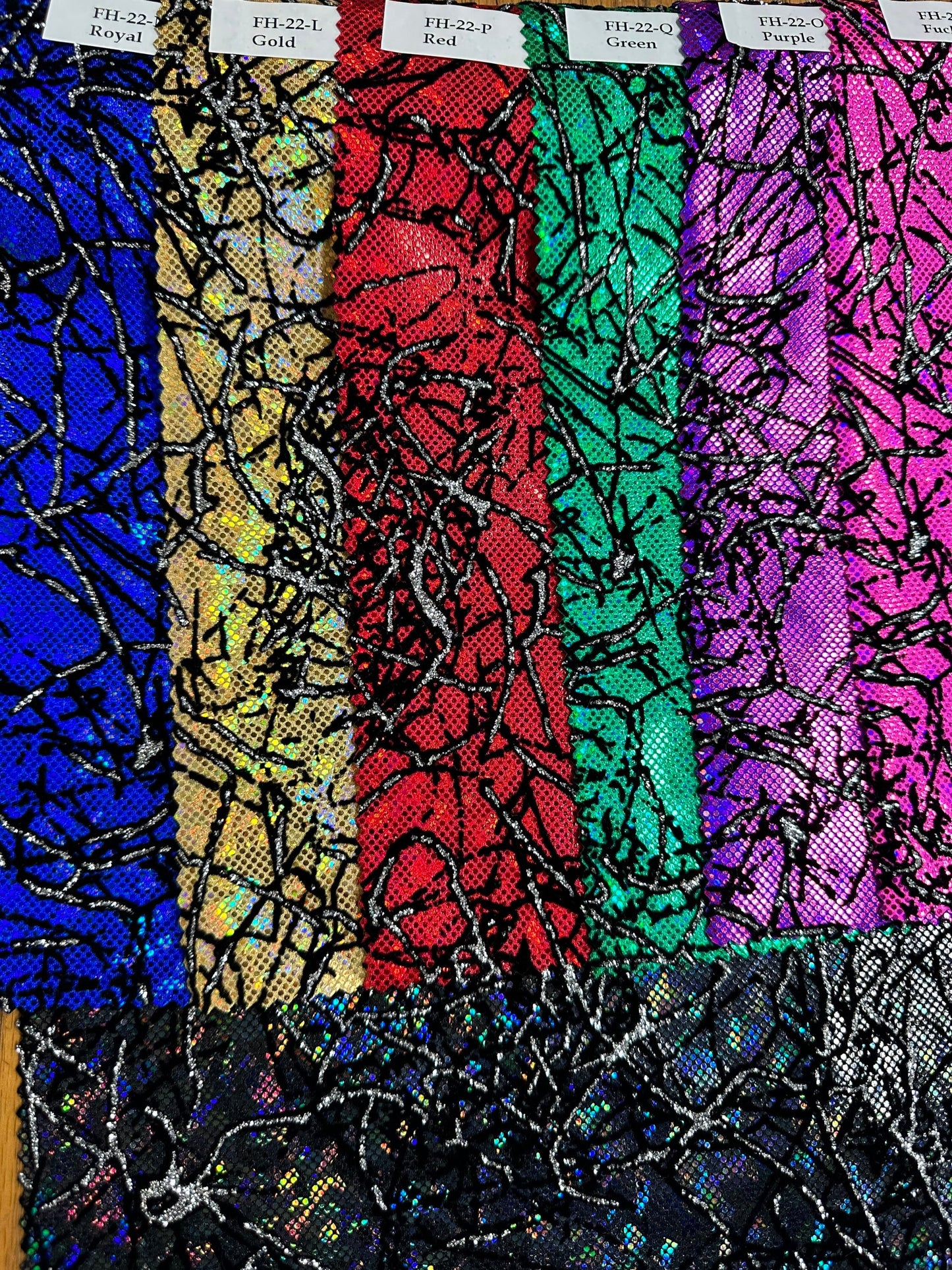 New Spider Abstract design metallic shattered glass with flocking Modern hologram nylon spandex 4-way stretch 58/60” Sold by the YD.