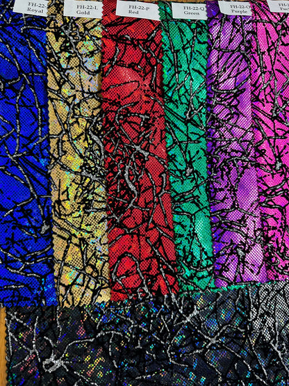 New Spider Abstract design metallic shattered glass with flocking Modern hologram nylon spandex 4-way stretch 58/60” Sold by the YD.