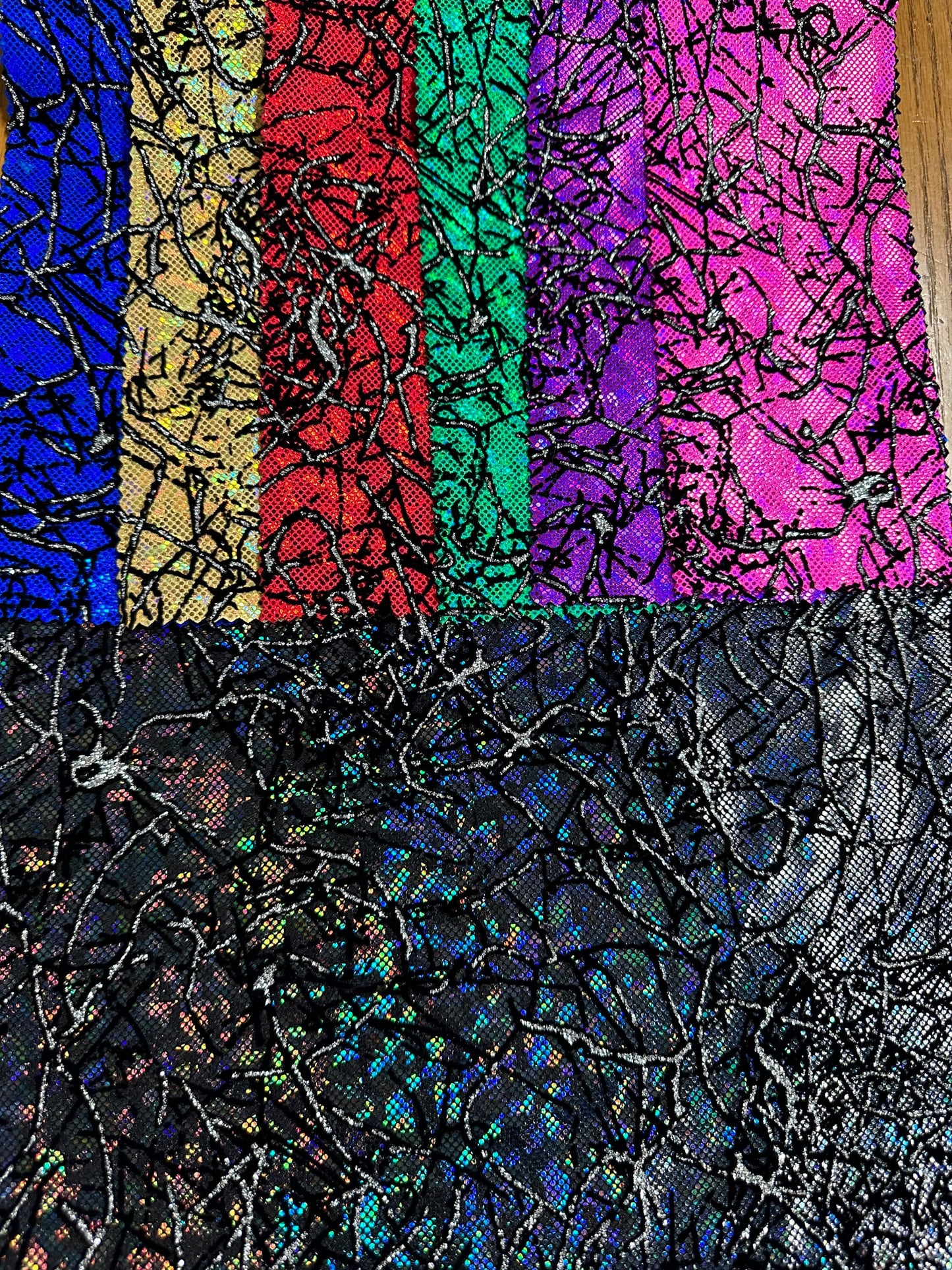 New Spider Abstract design metallic shattered glass with flocking Modern hologram nylon spandex 4-way stretch 58/60” Sold by the YD.