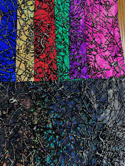 New Spider Abstract design metallic shattered glass with flocking Modern hologram nylon spandex 4-way stretch 58/60” Sold by the YD.
