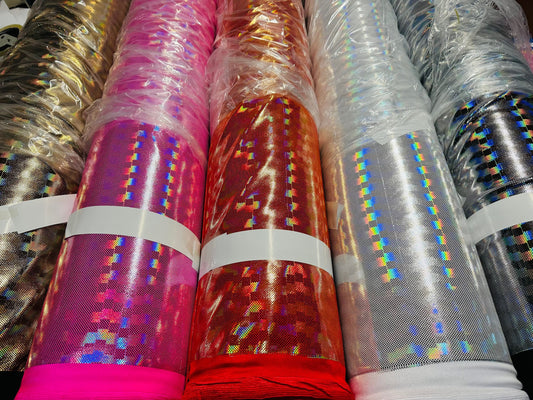 New 3D Geometric hologram metallic nylon spandex 4-way stretch 58/60” Sold by the YD. Ships worldwide from Los Angeles California USA
