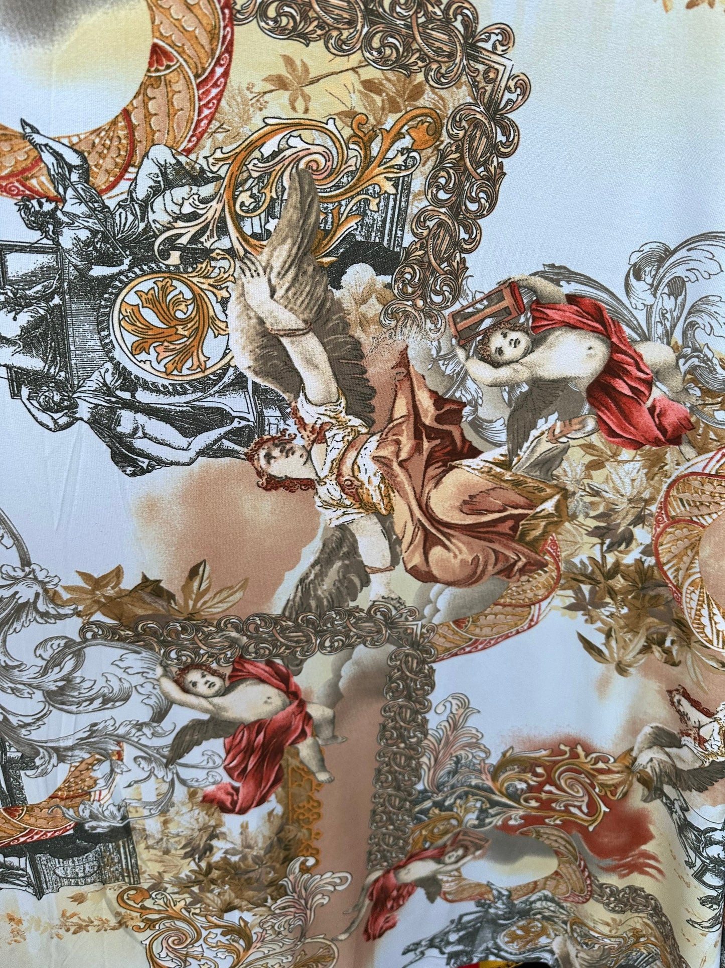 New celestial angels design print on poly spandex 4-way stretch 58/60” Sold by the YD. Ships worldwide from Los Angeles California USA