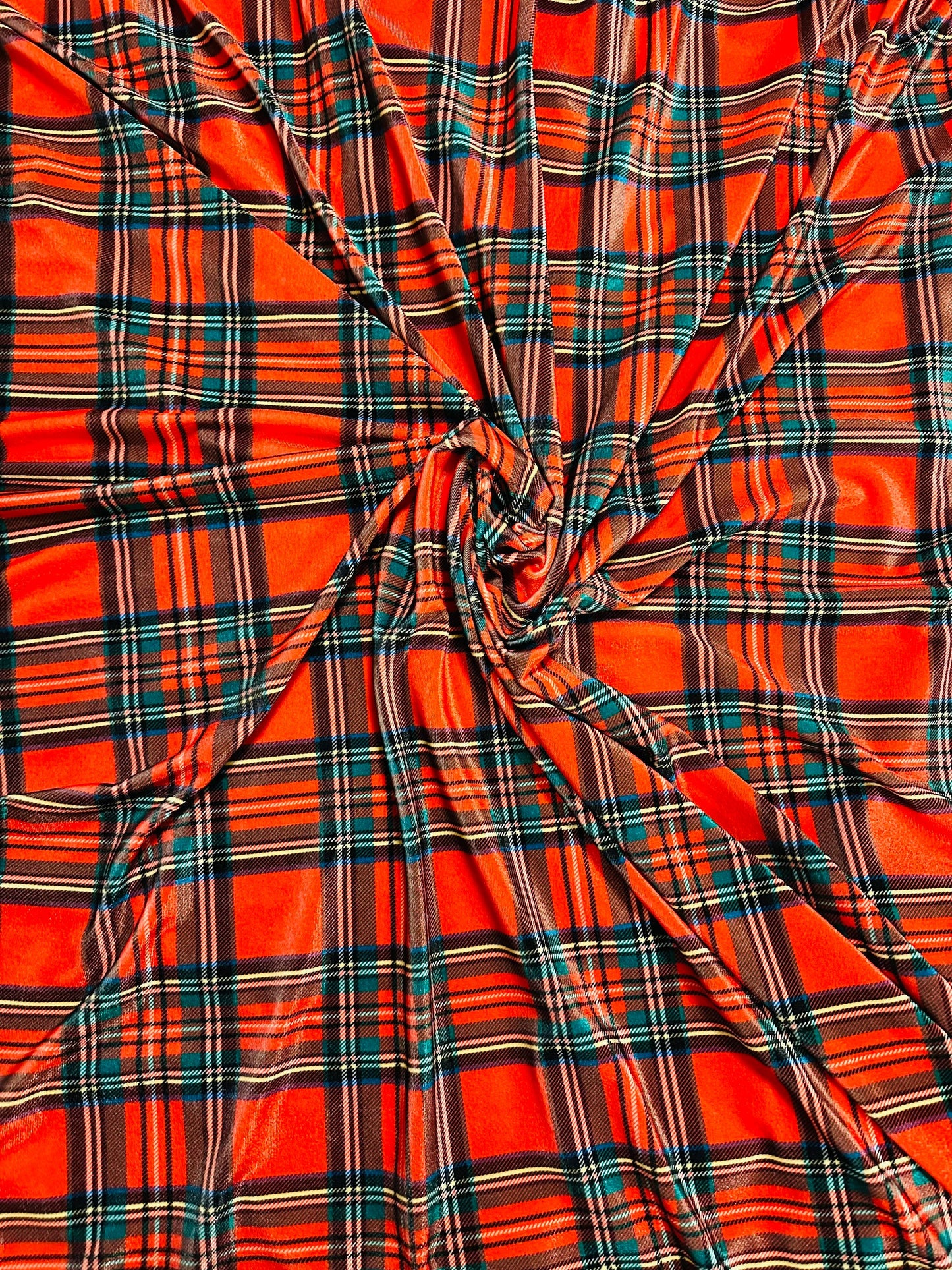 Christmas plaid design print on great quality of stretch velvet 4-way stretch 58/60” Sold by the YD. Ships worldwide from L.A CA