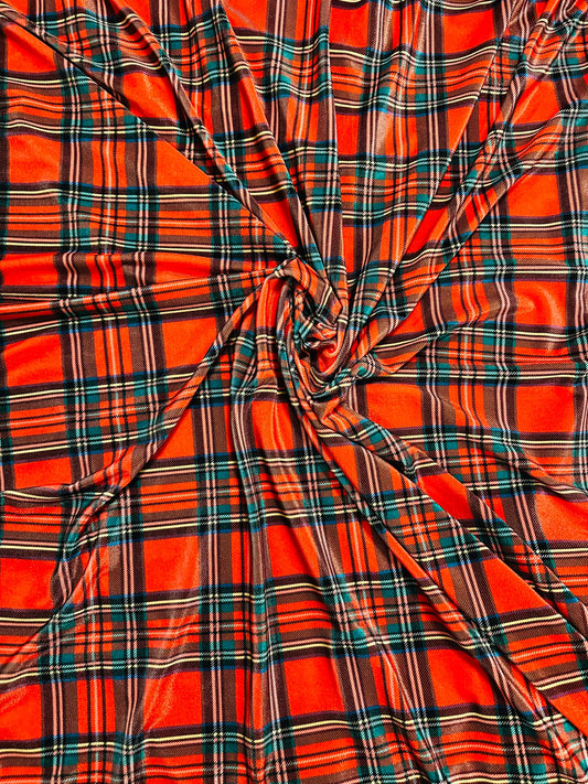 Christmas plaid design print on great quality of stretch velvet 4-way stretch 58/60” Sold by the YD. Ships worldwide from L.A CA