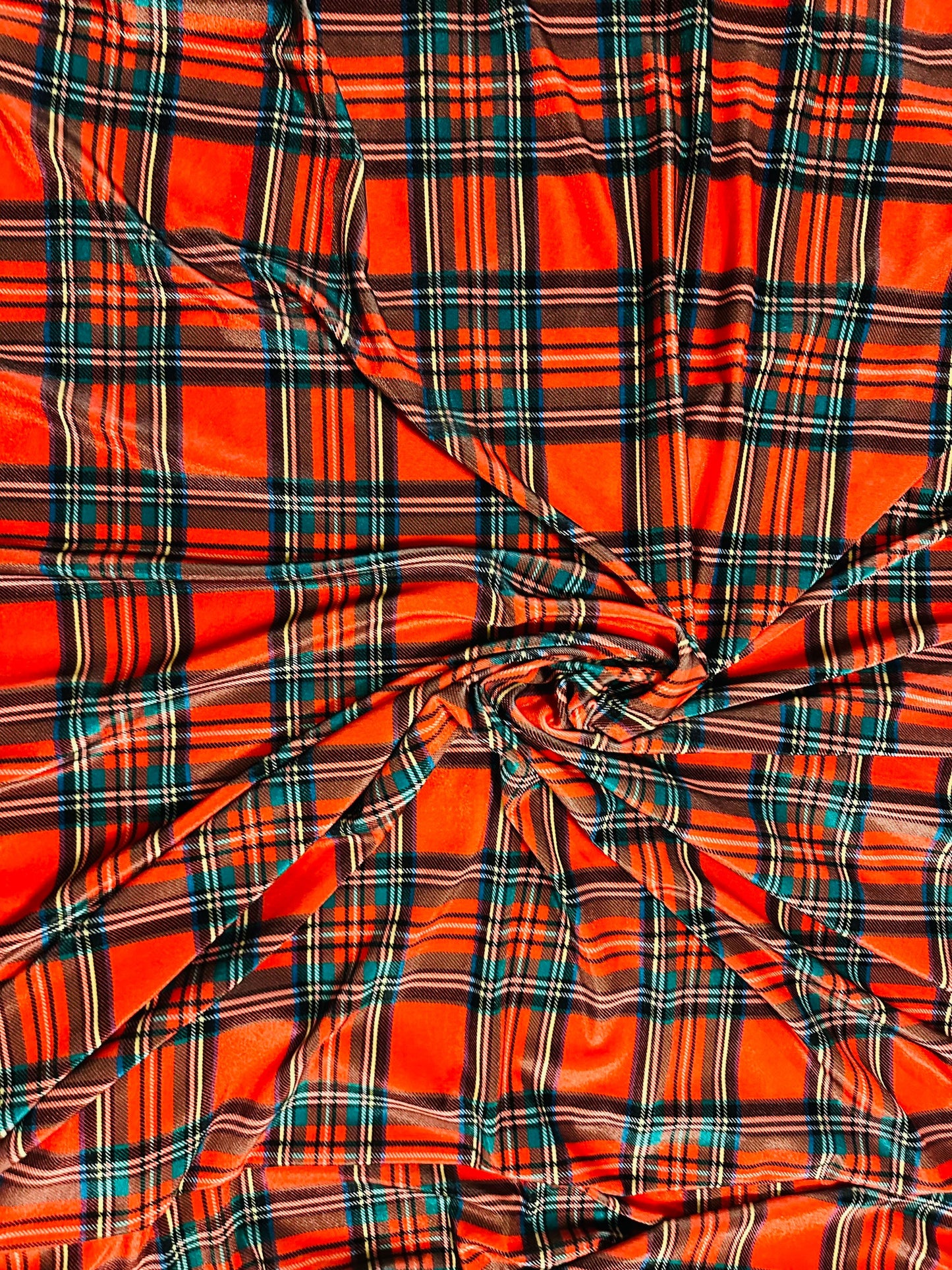 Christmas plaid design print on great quality of stretch velvet 4-way stretch 58/60” Sold by the YD. Ships worldwide from L.A CA