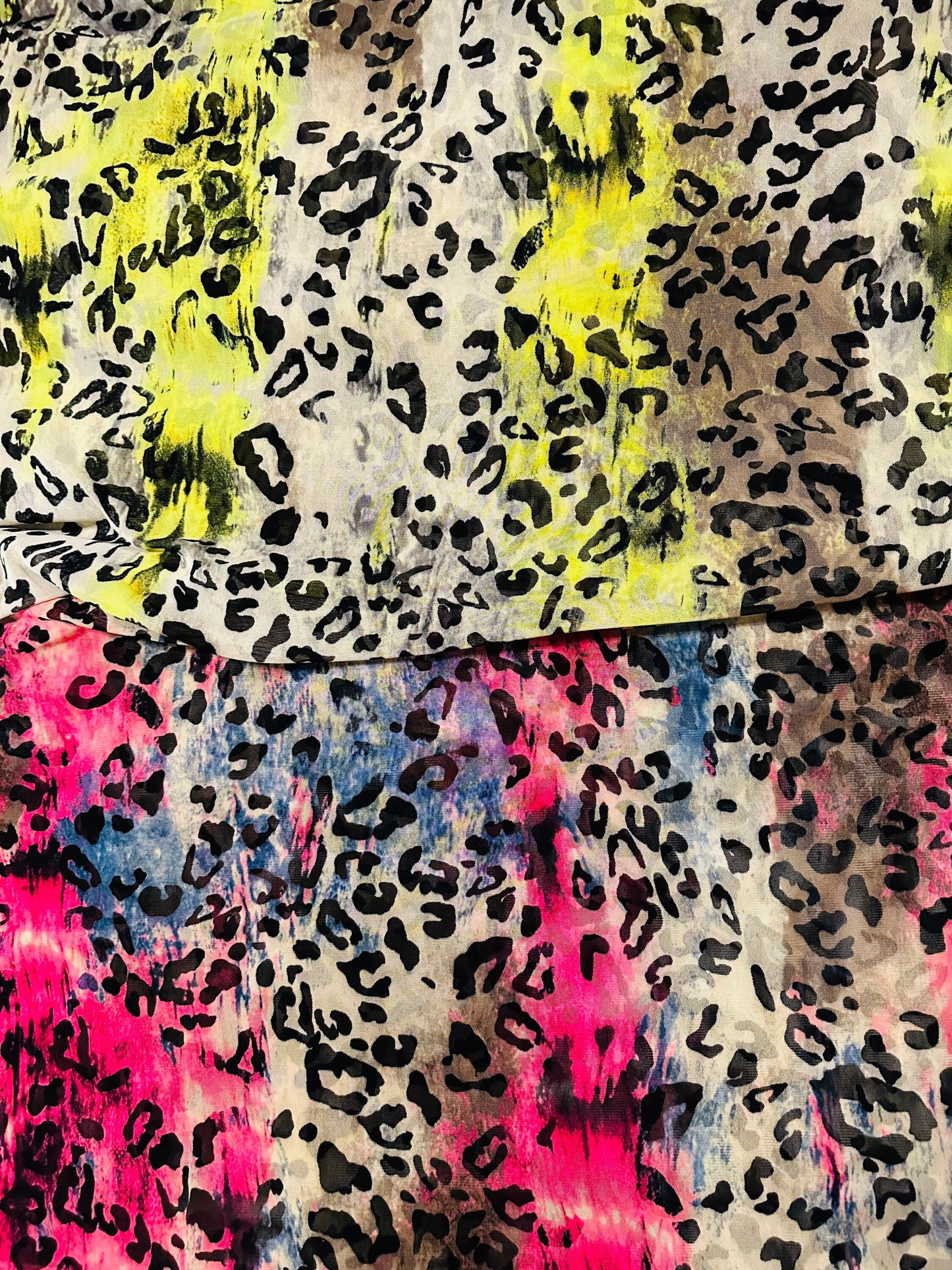 New exotic leopard design it glows in the dark with a black light print on great quality of power mesh spandex 4-way stretch 58/60”
