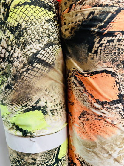 Exotic Cobra snake design print on great quality of poly spandex light weight 4-way stretch 58/60” Sold by the YD. Ships worldwide from L.A