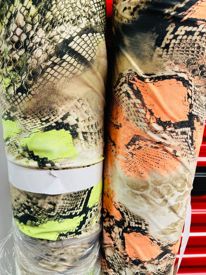 Exotic Cobra snake design print on great quality of poly spandex light weight 4-way stretch 58/60” Sold by the YD. Ships worldwide from L.A