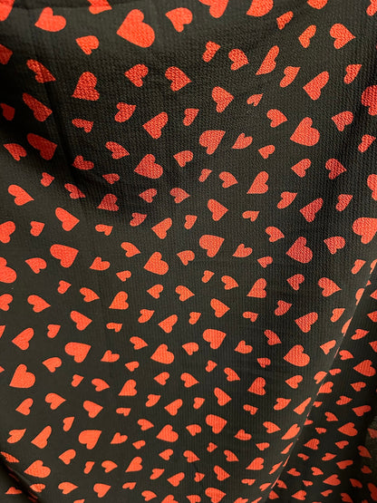 New Romantic Heart design Black/Red print on Polyester crepe spandex one way stretch light fabric 58/60” Sold by the YD.