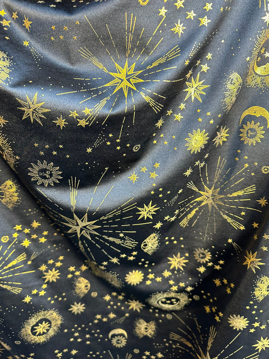 Celestial metallic nylon spandex stars and moon design on best quality of nylon spandex 4-way stretch 58/60” Sold by the YD.