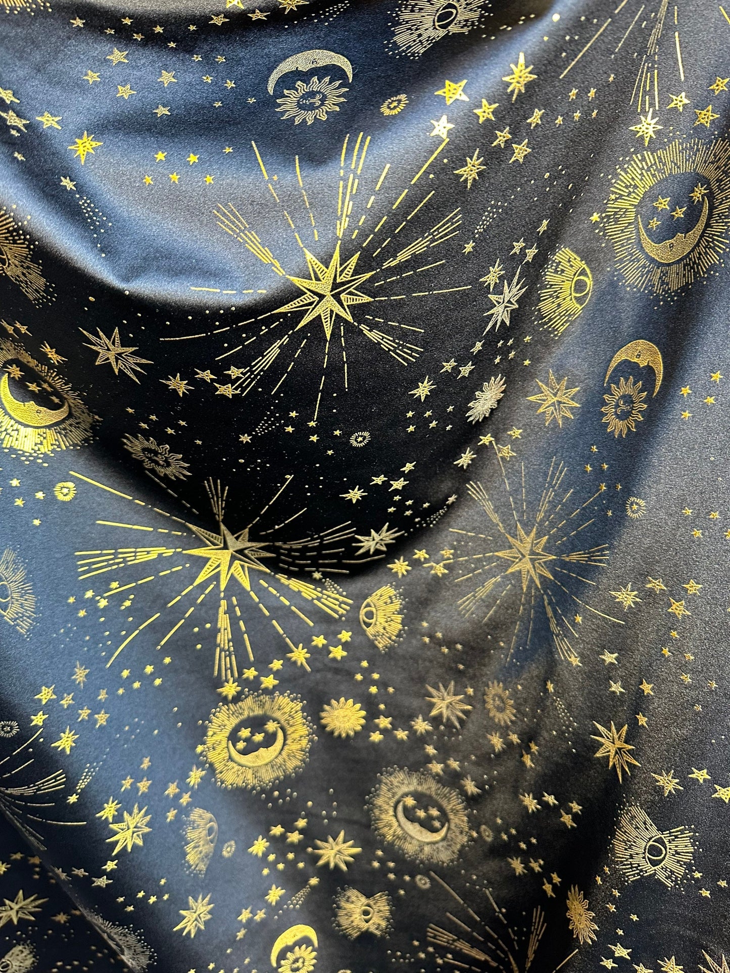 Celestial metallic nylon spandex stars and moon design on best quality of nylon spandex 4-way stretch 58/60” Sold by the YD.