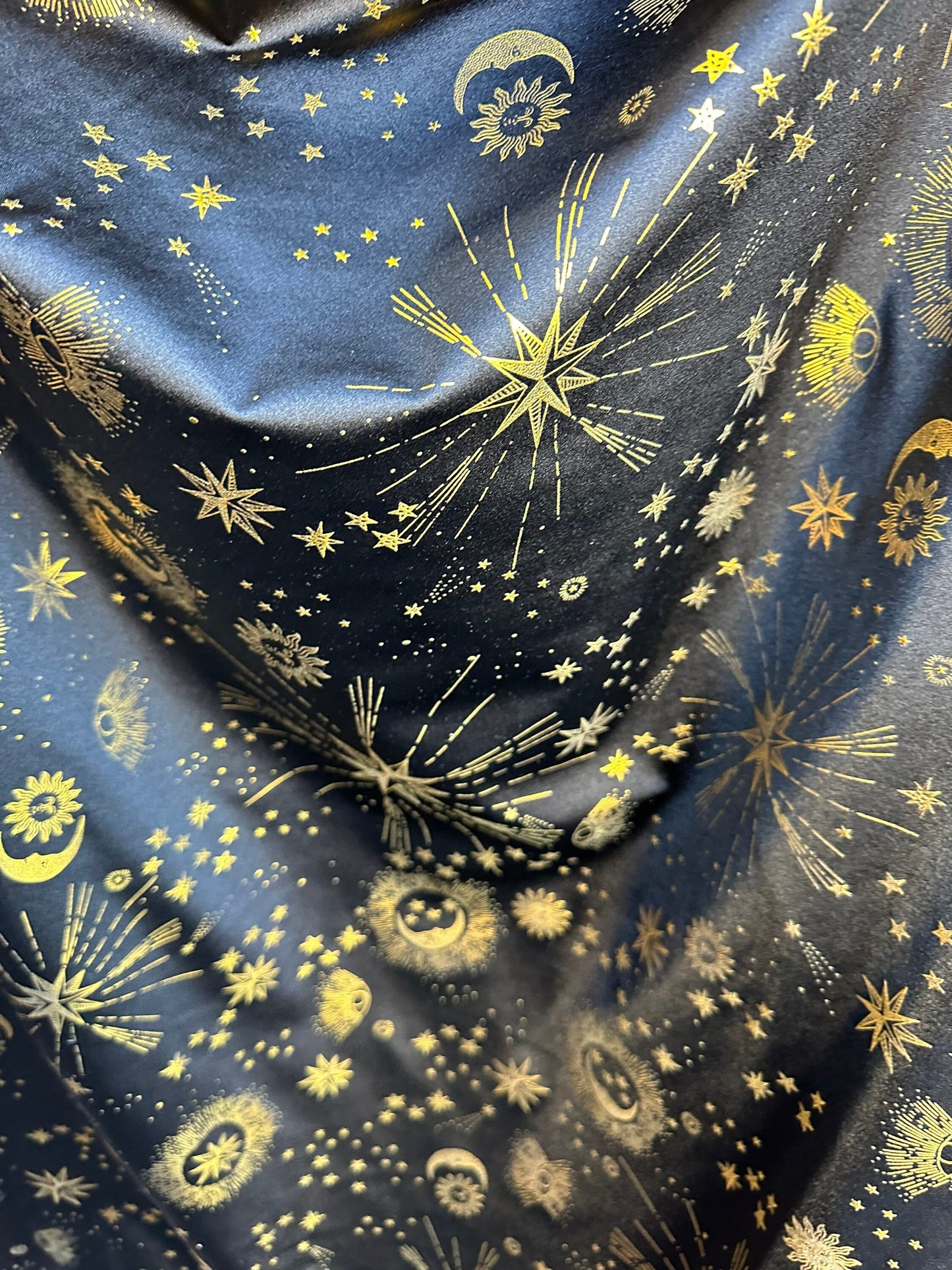 Celestial metallic nylon spandex stars and moon design on best quality of nylon spandex 4-way stretch 58/60” Sold by the YD.