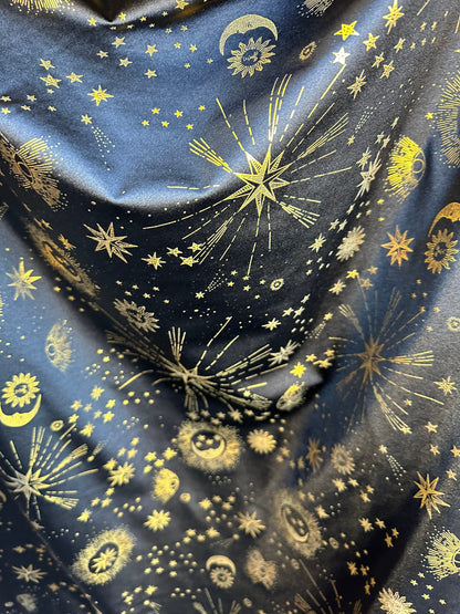 Celestial metallic nylon spandex stars and moon design on best quality of nylon spandex 4-way stretch 58/60” Sold by the YD.