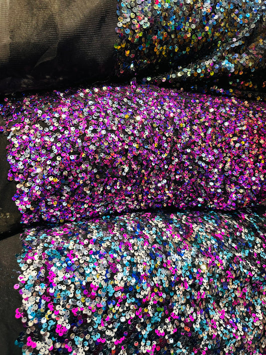 New Hologram disco sequins embroidered on stretch mesh 4-way stretch 50/52” Sold by the YD. Ships worldwide from Los Angeles California USA