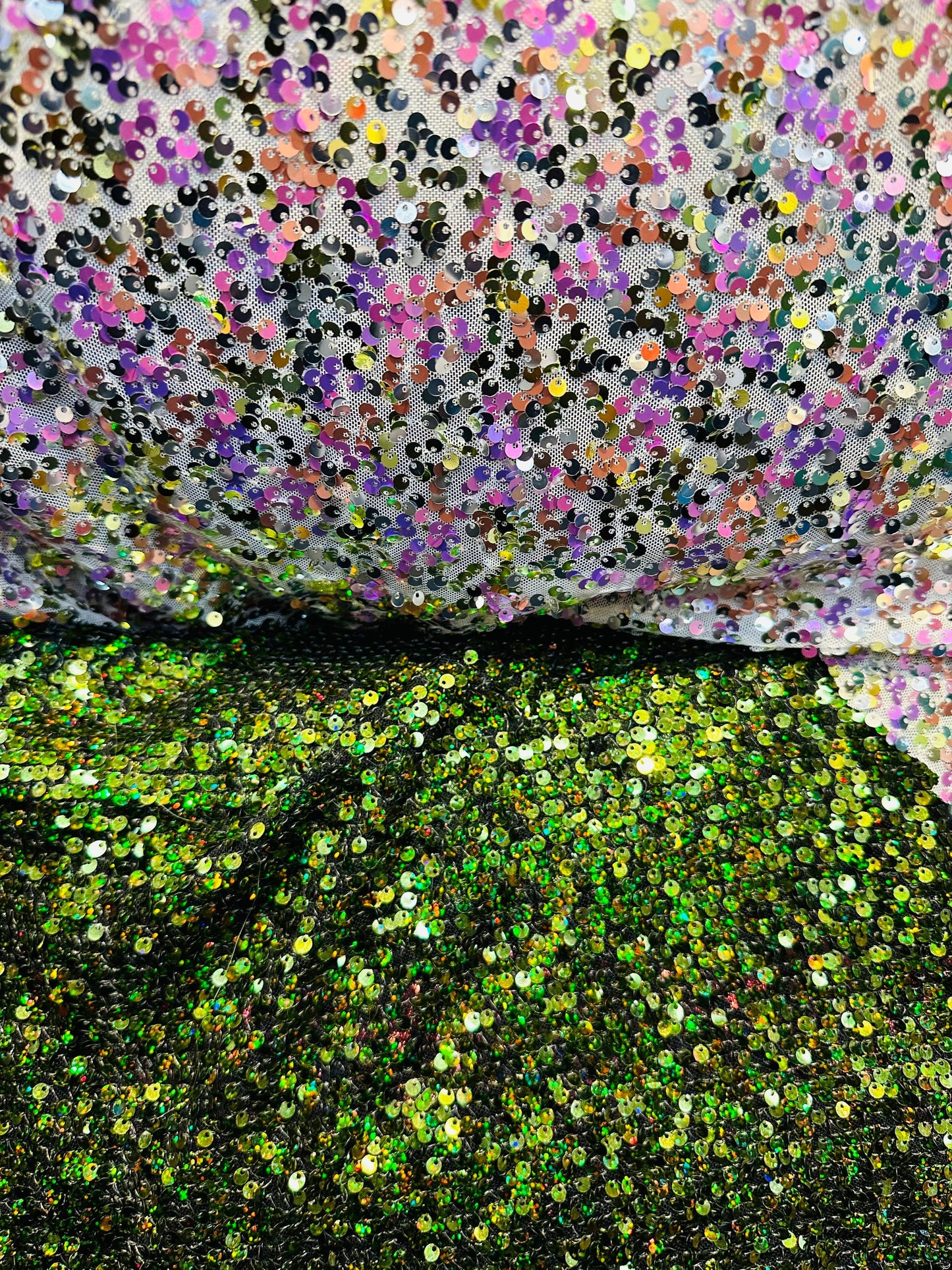 New Hologram disco sequins embroidered on stretch mesh 4-way stretch 50/52” Sold by the YD. Ships worldwide from Los Angeles California USA