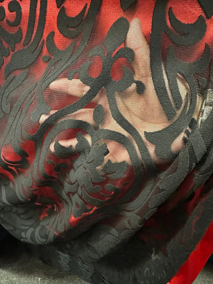 Damask design on stretch mesh with flocking 2-way stretch 58/60” Sold by the YD. Ships worldwide from Los Angeles California USA