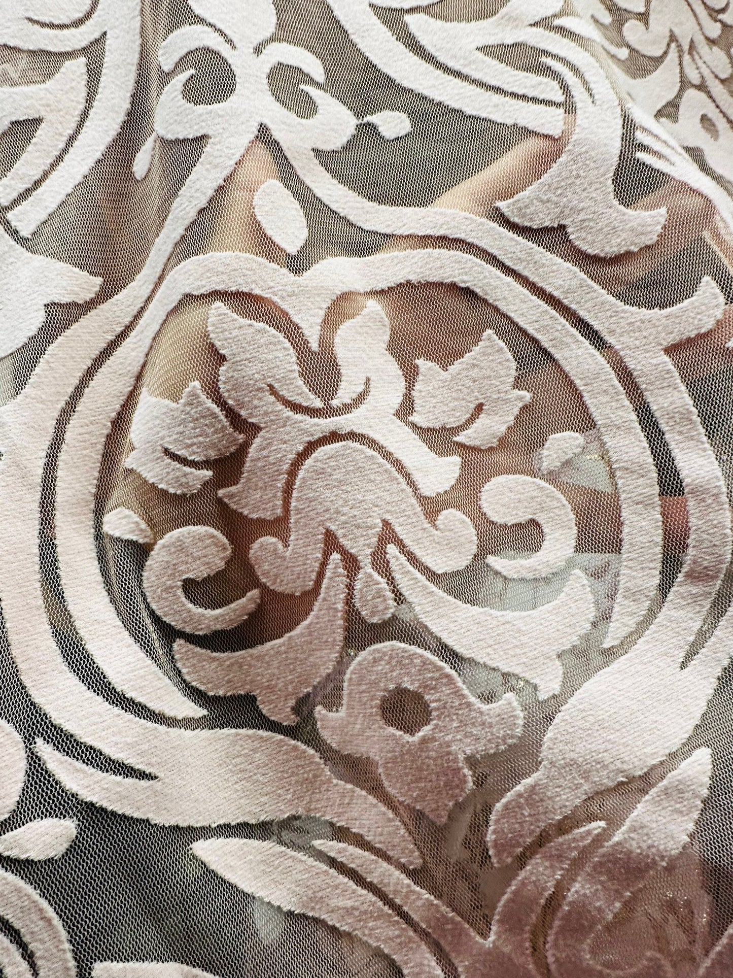 Damask design on stretch mesh with flocking 2-way stretch 58/60” Sold by the YD. Ships worldwide from Los Angeles California USA