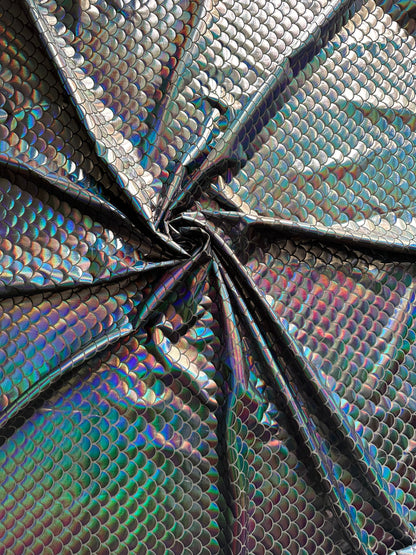Mermaid Fish scale design Iridescent black metallic nylon spandex 4-way stretch 58/60” Sold by the YD. Ships worldwide from L.A