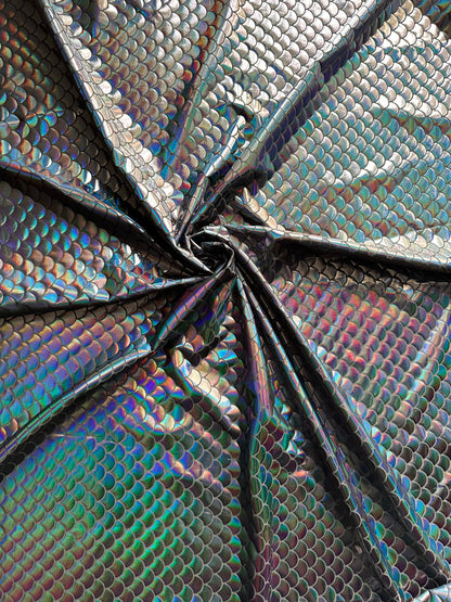 Mermaid Fish scale design Iridescent black metallic nylon spandex 4-way stretch 58/60” Sold by the YD. Ships worldwide from L.A