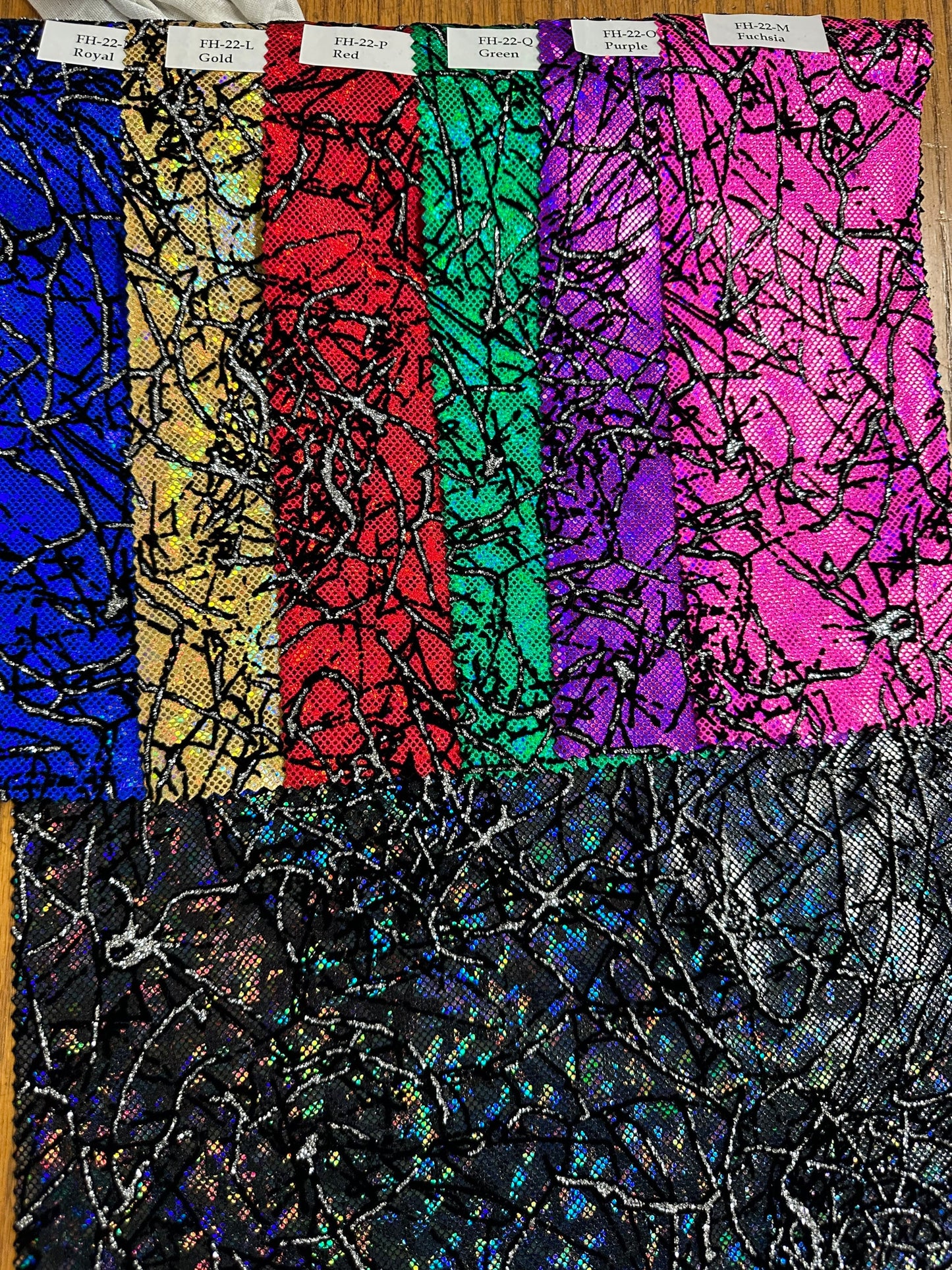 New Spider Abstract design metallic shattered glass with flocking Modern hologram nylon spandex 4-way stretch 58/60” Sold by the YD.