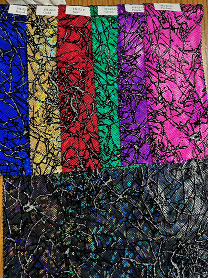 New Spider Abstract design metallic shattered glass with flocking Modern hologram nylon spandex 4-way stretch 58/60” Sold by the YD.