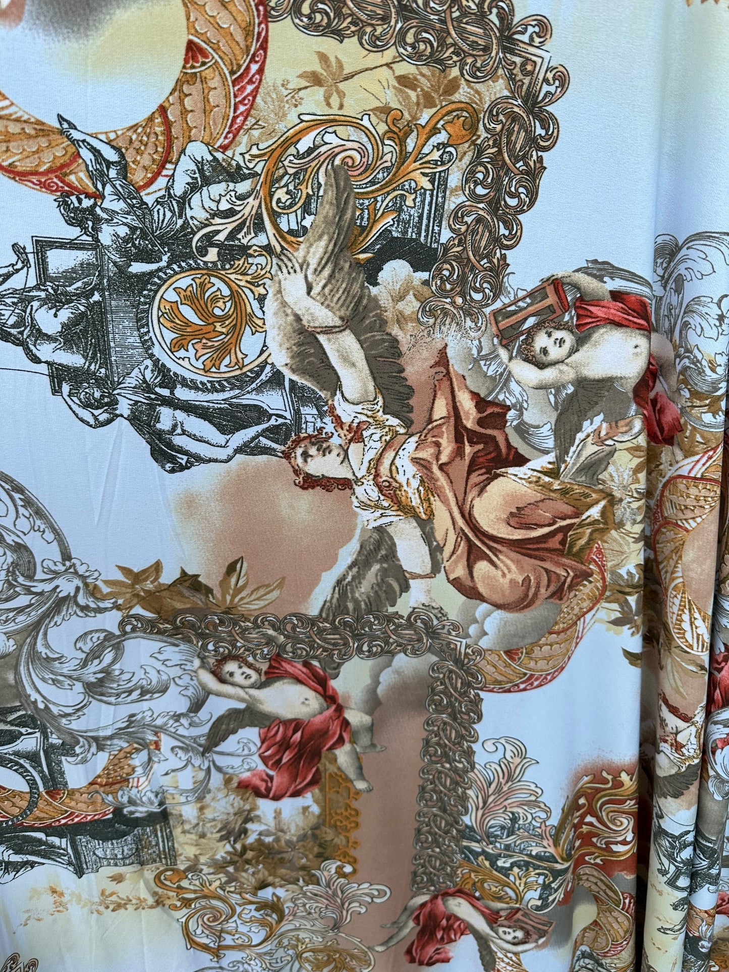 New celestial angels design print on poly spandex 4-way stretch 58/60” Sold by the YD. Ships worldwide from Los Angeles California USA