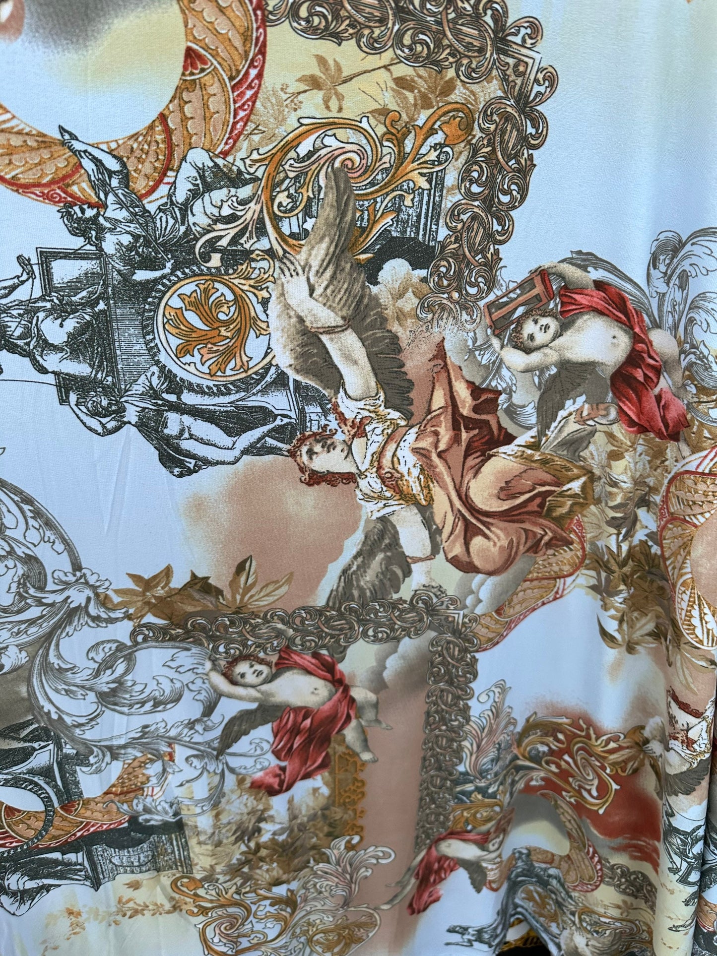 New celestial angels design print on poly spandex 4-way stretch 58/60” Sold by the YD. Ships worldwide from Los Angeles California USA