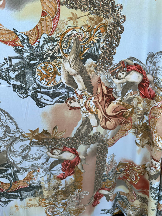 New celestial angels design print on poly spandex 4-way stretch 58/60” Sold by the YD. Ships worldwide from Los Angeles California USA