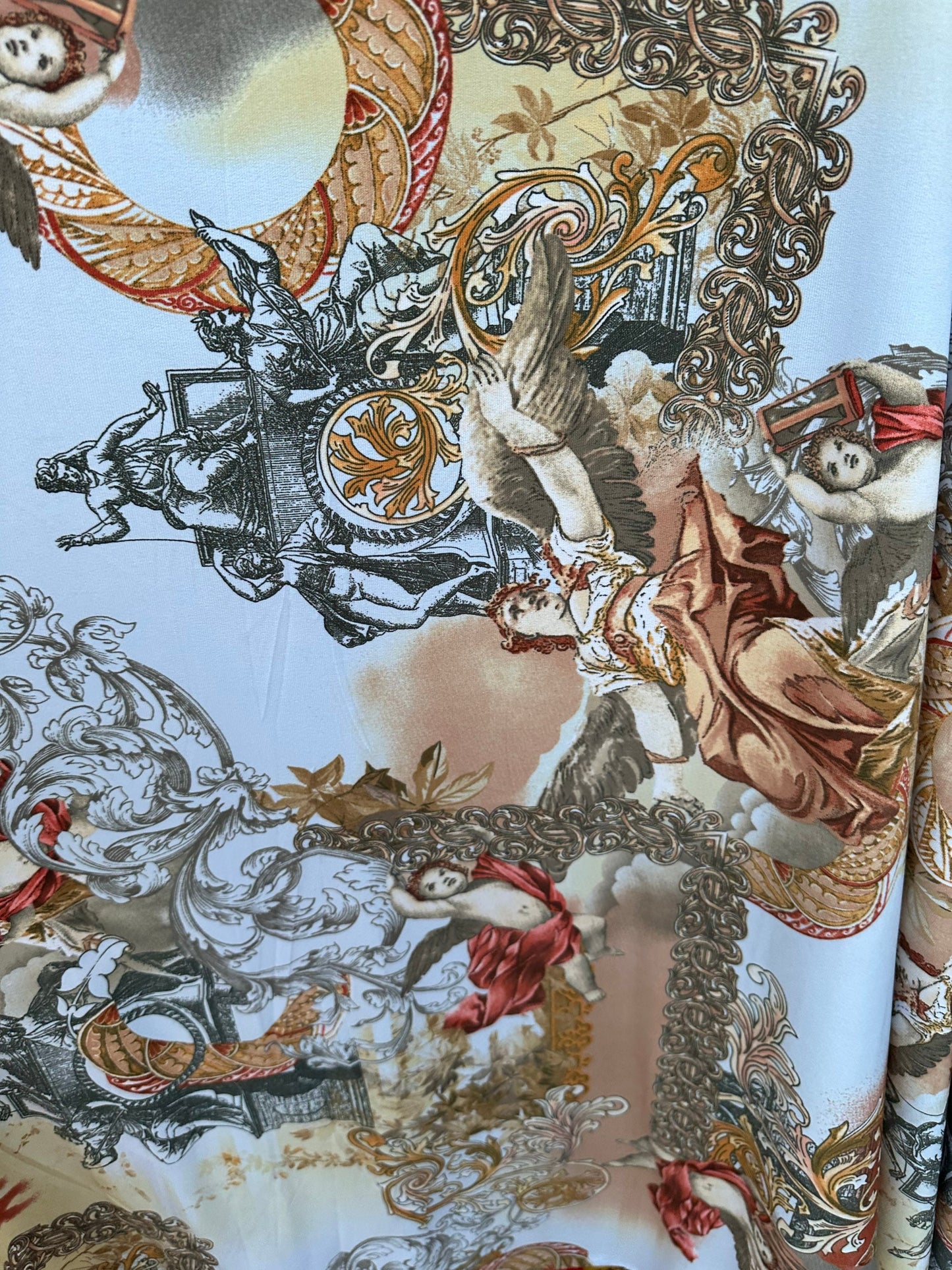 New celestial angels design print on poly spandex 4-way stretch 58/60” Sold by the YD. Ships worldwide from Los Angeles California USA
