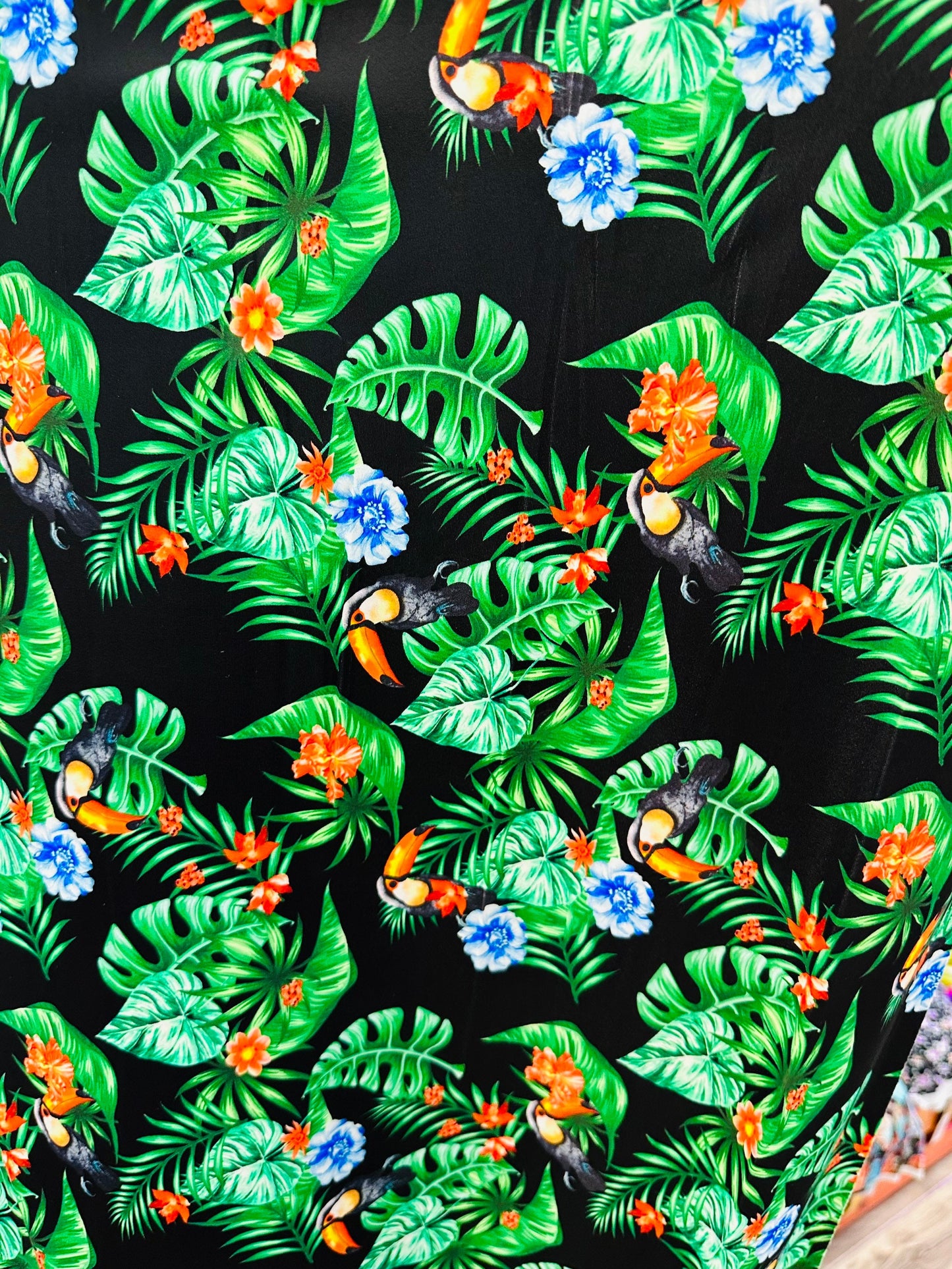 New tropical with Toucan design print on best quality of nylon spandex 4-way stretch 58/60” Sold by the YD. Ships worldwide from Los Angeles
