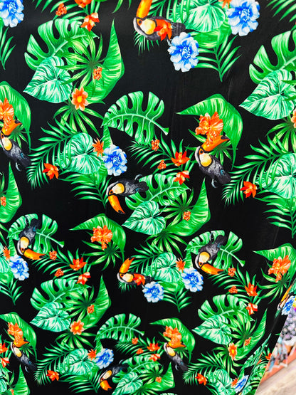 New tropical with Toucan design print on best quality of nylon spandex 4-way stretch 58/60” Sold by the YD. Ships worldwide from Los Angeles