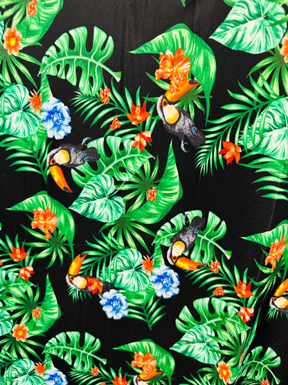 New tropical with Toucan design print on best quality of nylon spandex 4-way stretch 58/60” Sold by the YD. Ships worldwide from Los Angeles