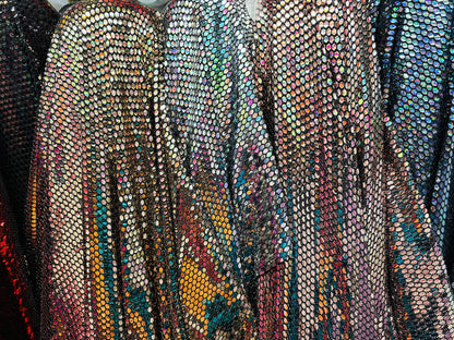 Honeycomb geometric design metallic spandex with shiny sequins 2-way stretch 58/60” Sold by the YD. Ships worldwide from L.A