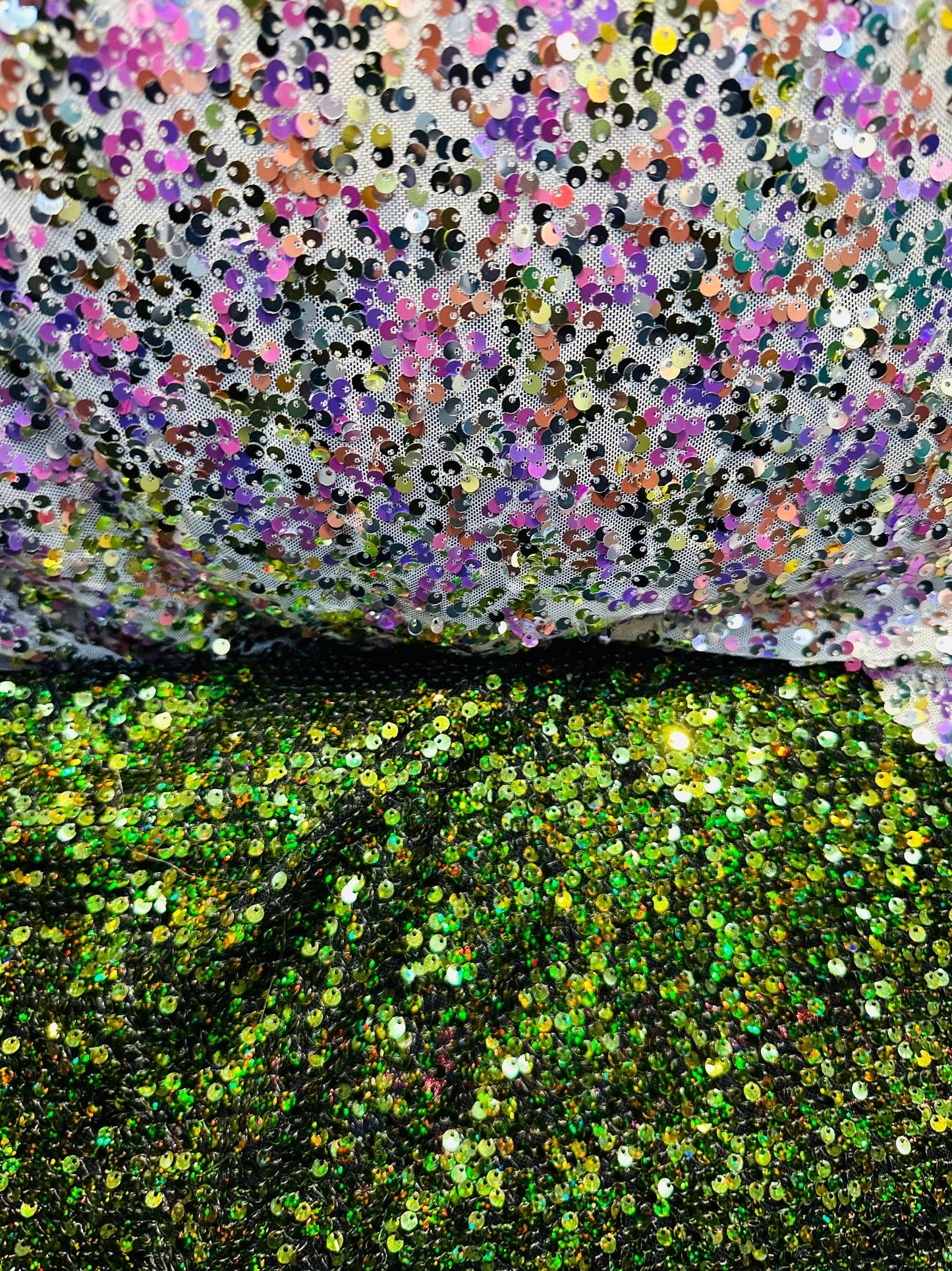 New Hologram disco sequins embroidered on stretch mesh 4-way stretch 50/52” Sold by the YD. Ships worldwide from Los Angeles California USA