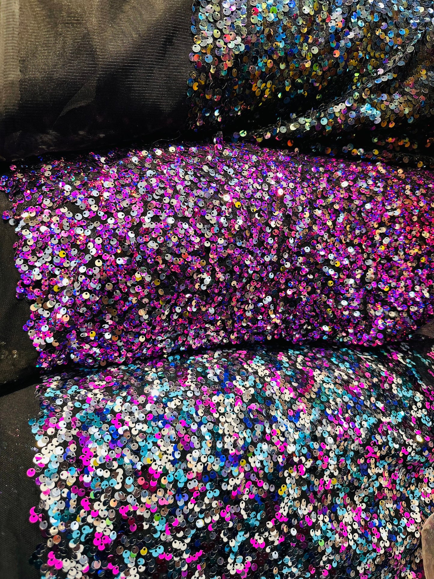 New Hologram disco sequins embroidered on stretch mesh 4-way stretch 50/52” Sold by the YD. Ships worldwide from Los Angeles California USA